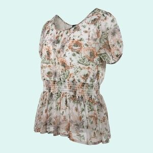 a love story Women's White Floral 2X Smocked Puff Sleeve Blouse